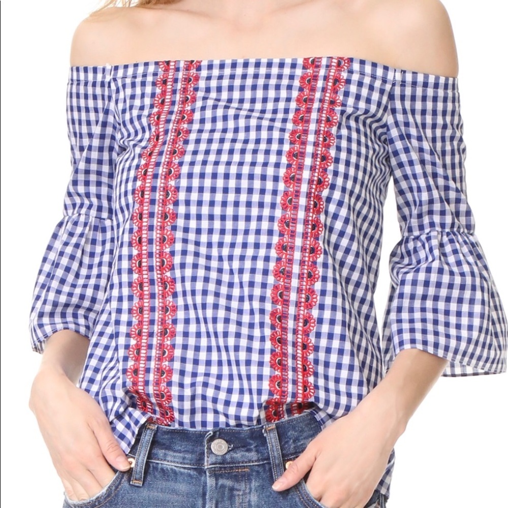 Blue checked off the shoulder top